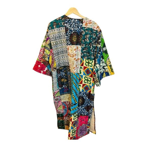 Raj Kantha Kimono Colorful Handmade Long Bell Sleeves Boho Hippie Robe OS NWOT - Picture 3 of 6